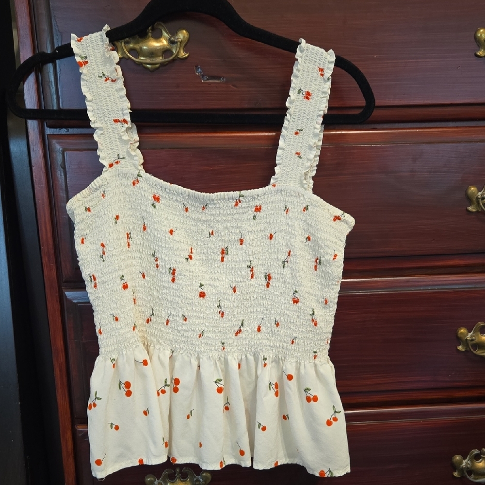 Elodie Cream Cherry Print Smocked Blouse Size XL